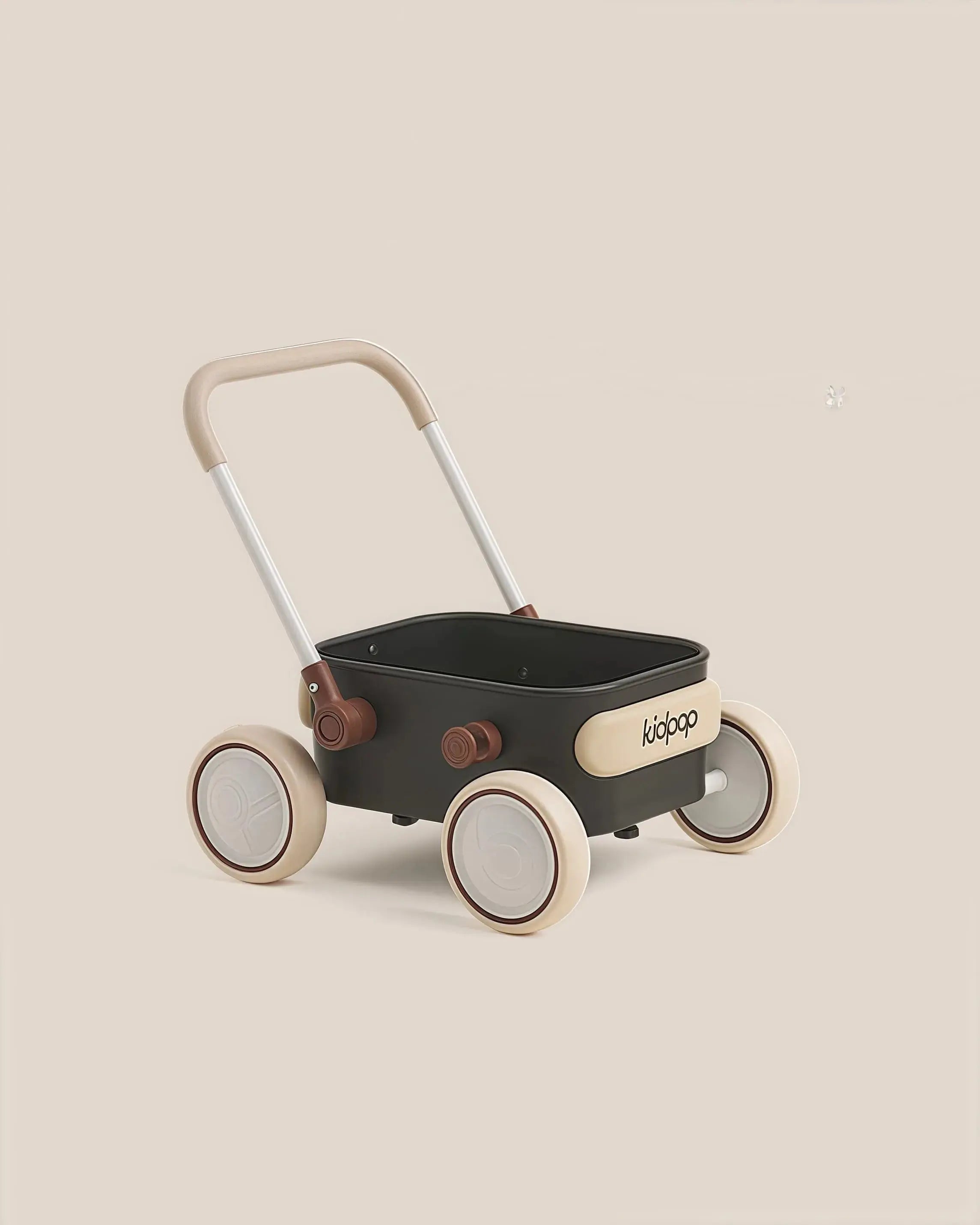 Black PULA Baby Push Walker Toddler Wagon, beige handle, tan wheels, 'kidpop' logo. Product appearance.