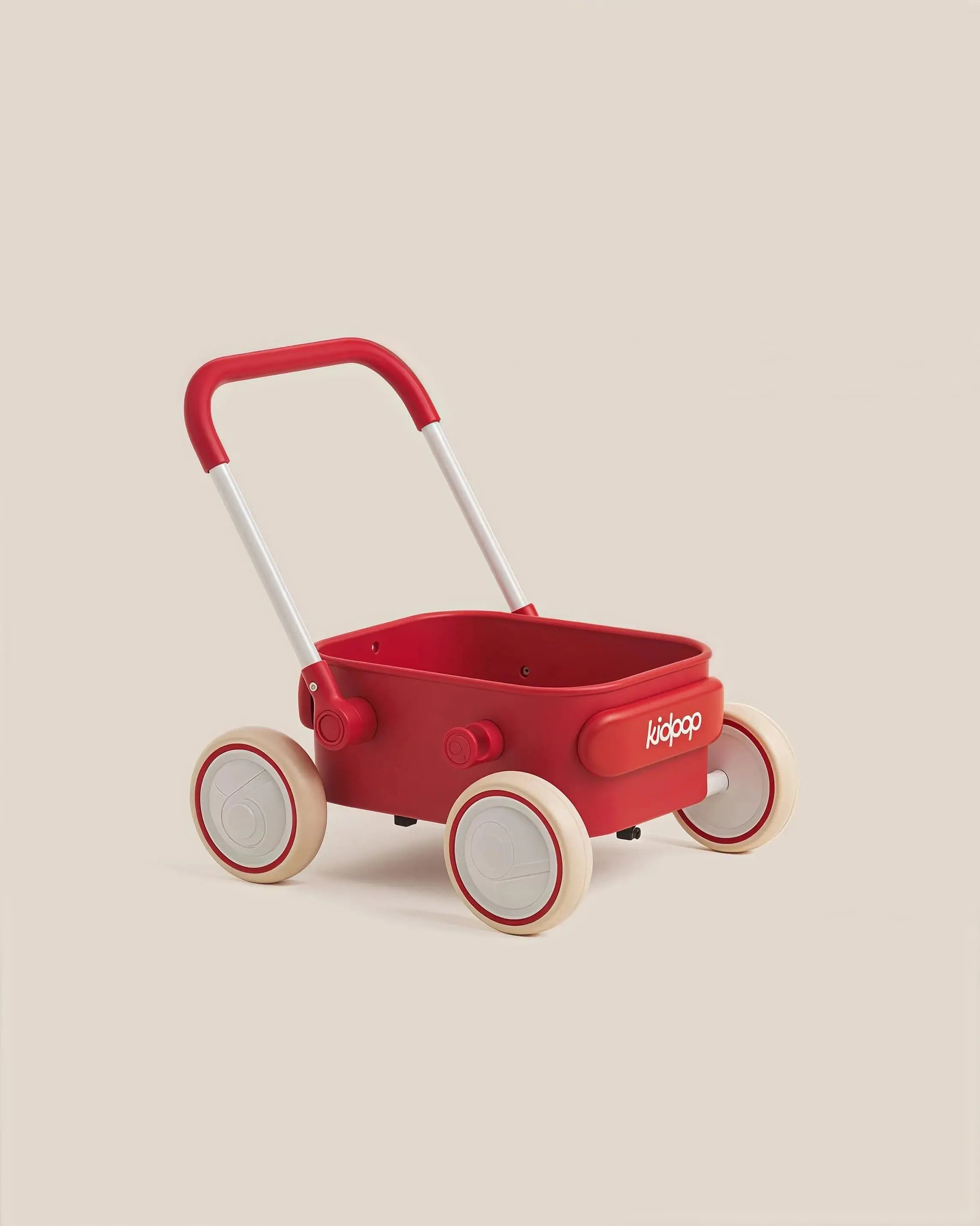 Vibrant red PULA Baby Push Walker Toddler Wagon with white handle and tan wheels, showcasing product appearance.