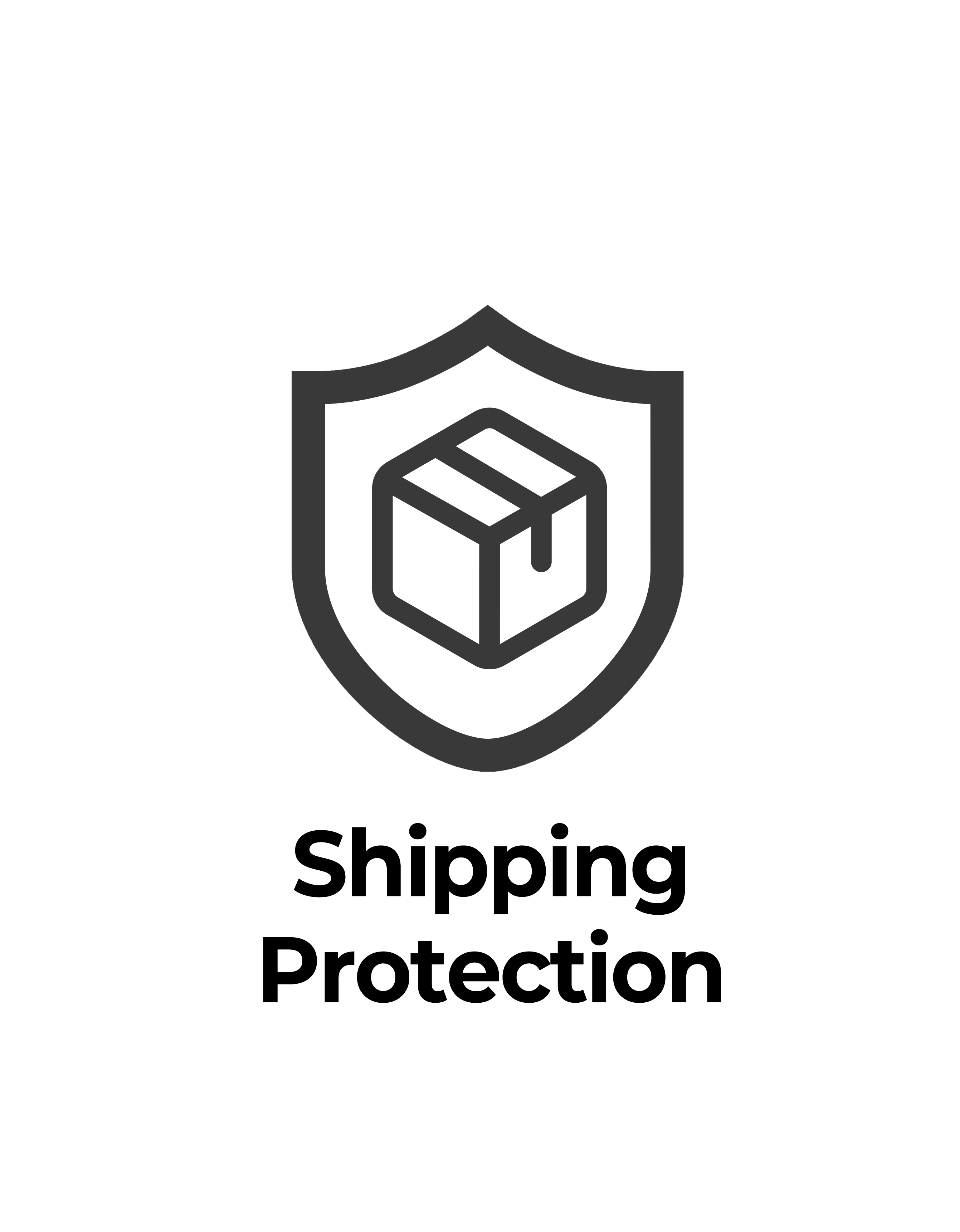 Shipping protection icon: white shield with outlined parcel inside, symbolizing package safety.